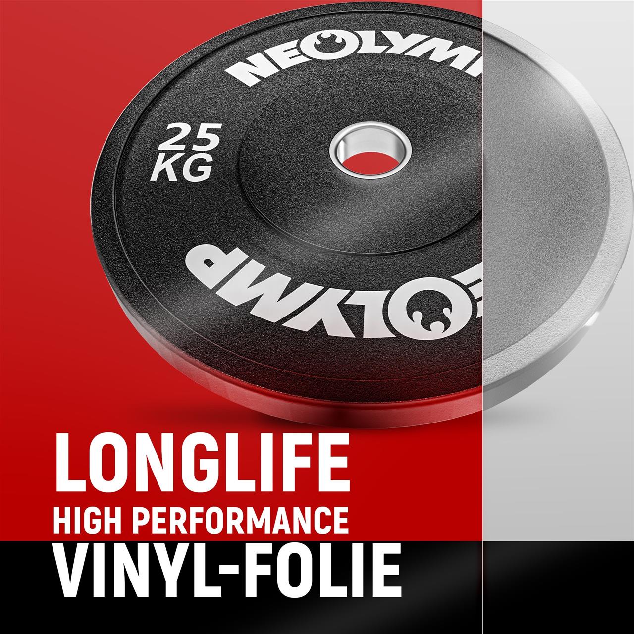 Neolymp 25 kg Gewichtsscheibe mit langlebiger High Performance Vinyl-Folie für zusätzlichen Schutz und Langlebigkeit.