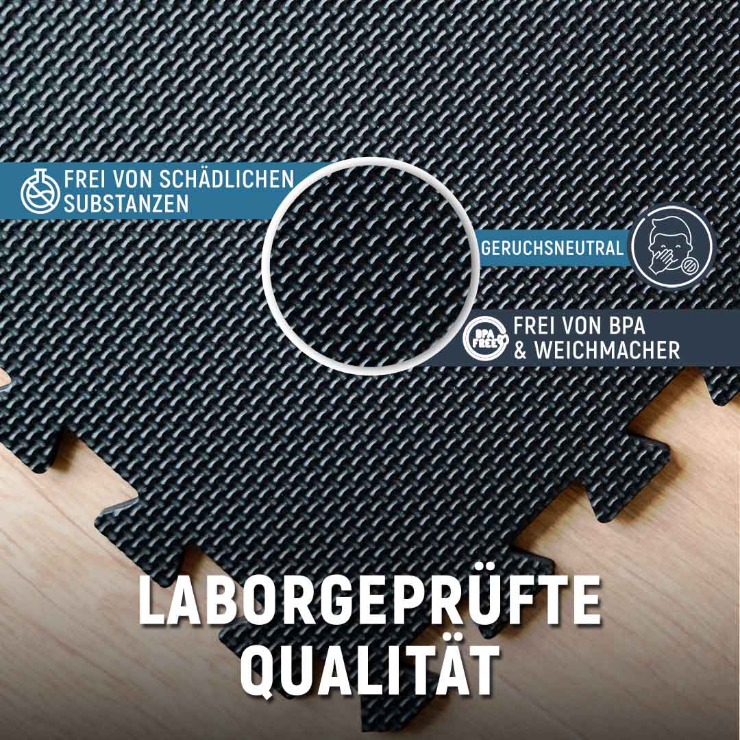 Laborgeprüfte Qualität der Neolymp Puzzlematten: Frei von schädlichen Substanzen, geruchsneutral, und ohne BPA sowie Weichmacher. Die Matten bieten eine sichere und hochwertige Lösung für den Boden- und Trainingsschutz.