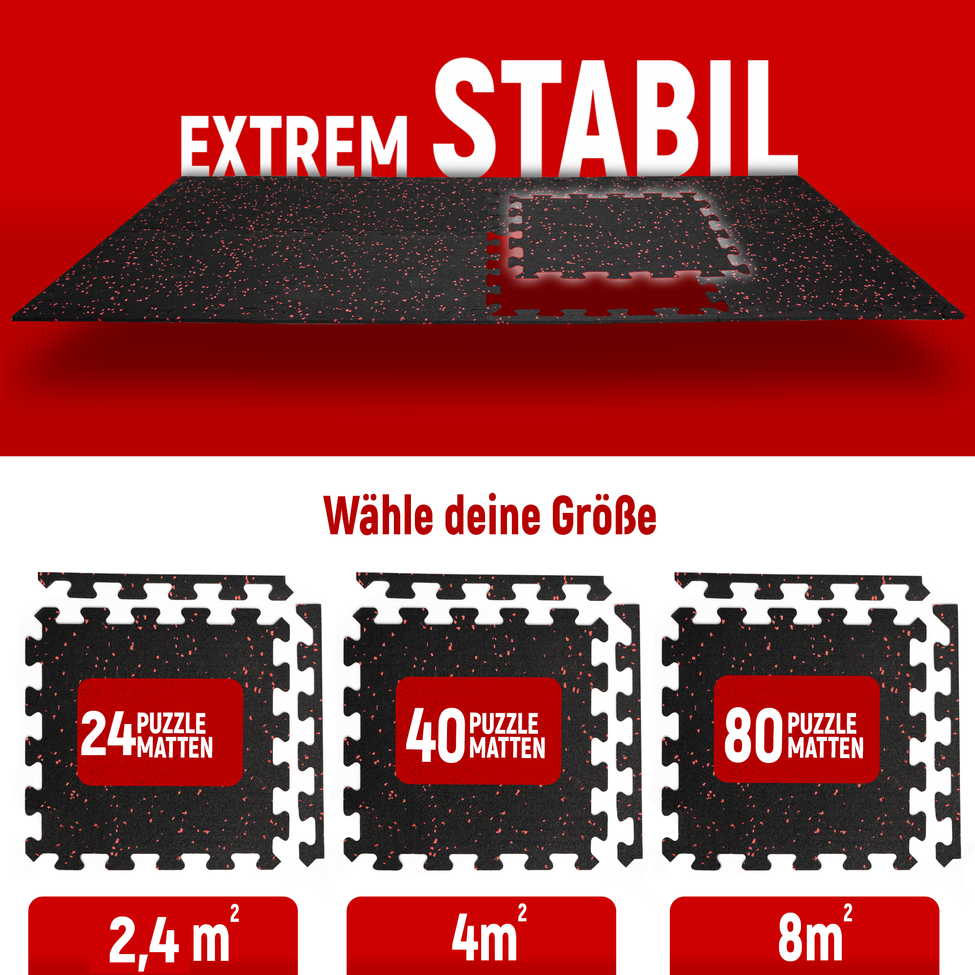 Darstellung von extrem stabilen Puzzlematten in drei verschiedenen Größen: 0,80 m² (8 Puzzlematten), 4 m² (40 Puzzlematten) und 8 m² (80 Puzzlematten). Der obere Teil des Bildes zeigt eine zusammengesetzte Matte mit einer herausgenommenen Puzzleteilmatte, um die Verbindungstechnik zu verdeutlichen. Der Text "Extrem Stabil" ist prominent oben platziert.