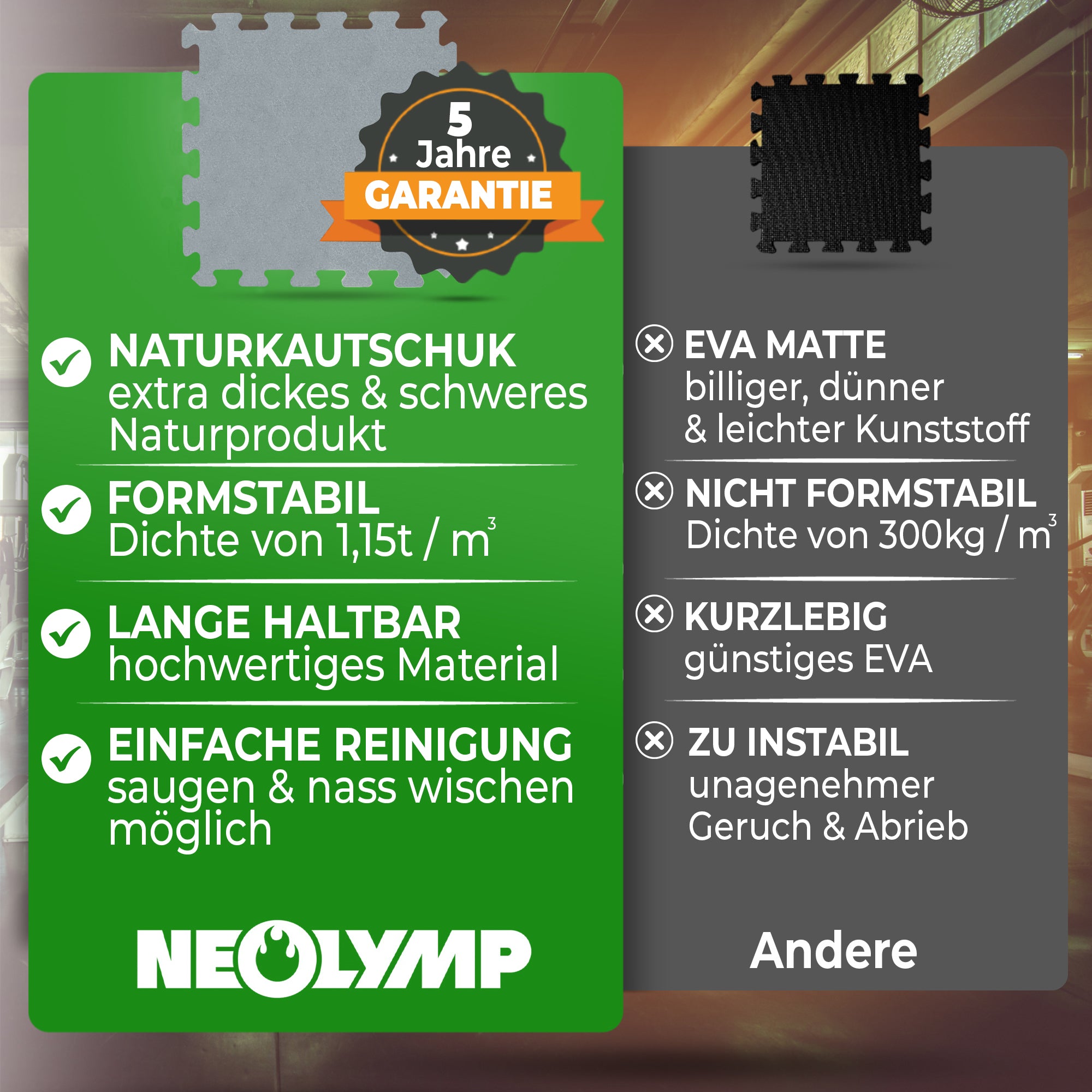 Neolymp Naturkautschukmatte Vorteile: Extra dick und schwer, formstabil mit 1,15t/m³ Dichte, langlebig und einfach zu reinigen (saugen und nass wischen). EVA-Matte Nachteile: Billiger und dünner, nicht formstabil (300kg/m³ Dichte), kurzlebig, instabil mit unangenehmem Geruch und Abrieb. 5 Jahre Garantie auf Neolymp-Matten.