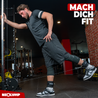 Ein Mann trainiert in einem Fitnessstudio mit einem Kabelzug, wobei er NEOLYMP-Knöchelriemen trägt. Er führt eine Übung zur Stärkung der Beinmuskulatur durch. Der Text "MACH DICH FIT" in der oberen rechten Ecke und das NEOLYMP-Logo in der unteren linken Ecke betonen die Zielsetzung des Trainings.