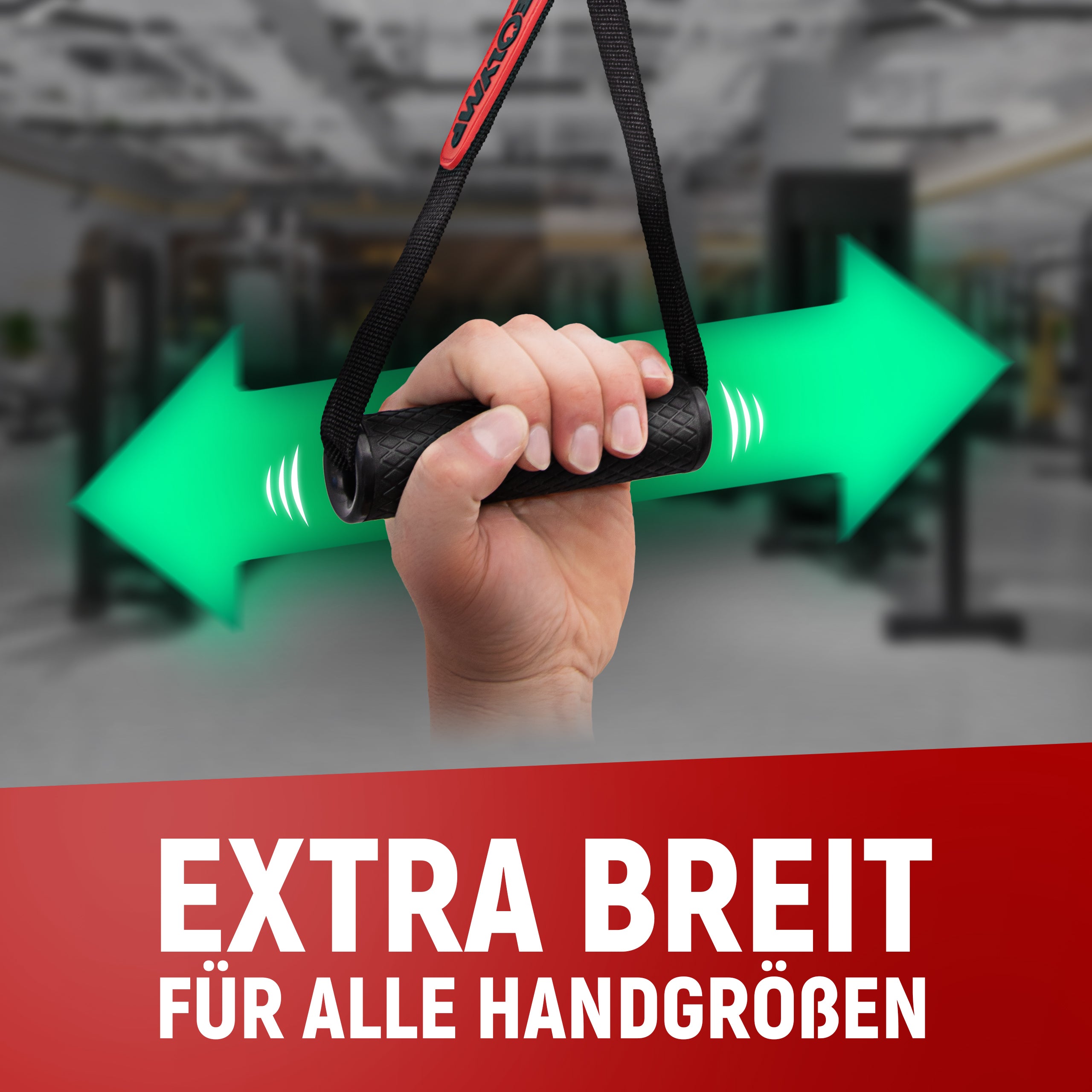 Hand hält einen breiten Griff eines Neolymp Fitnessbands mit grünen Pfeilen, die auf die Breite hinweisen. Text: 'Extra breit für alle Handgrößen.