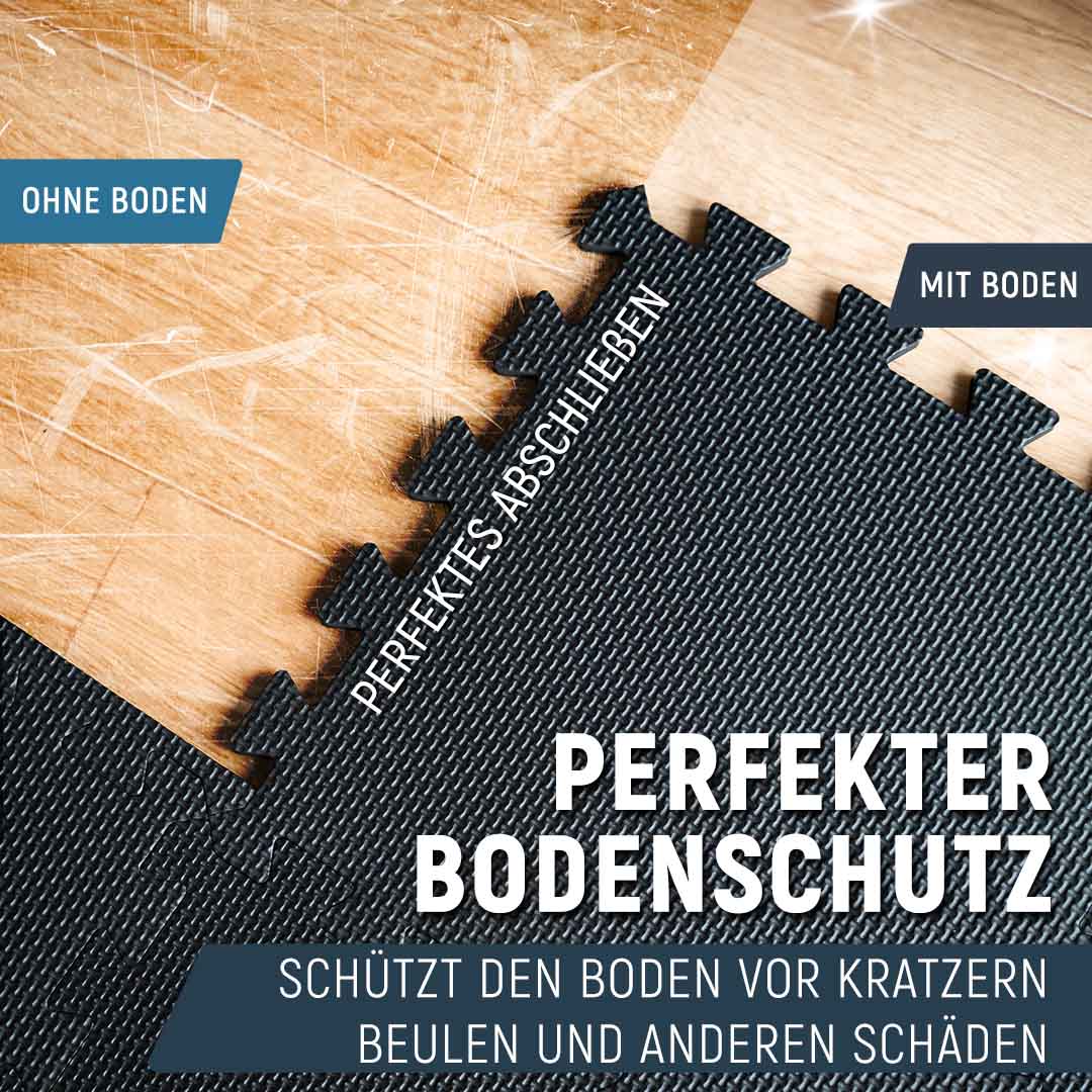 Perfekter Bodenschutz mit Neolymp Puzzlematten: Schützt den Boden vor Kratzern, Beulen und anderen Schäden. Die Matten schließen perfekt ab und bieten eine zuverlässige, stoßdämpfende Unterlage. Ideal für Fitnessräume und verschiedene Trainingsarten.