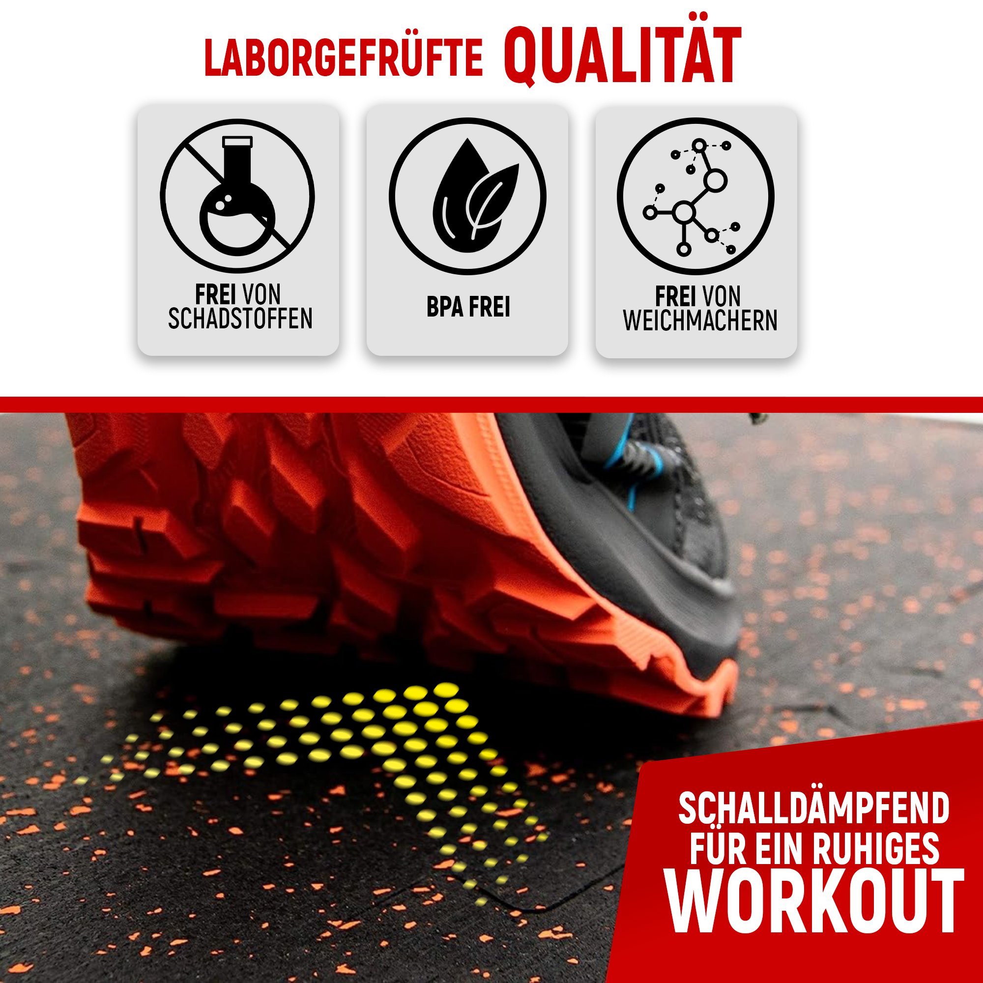 Nahaufnahme einer Trainingsmatte aus schwarzem Naturkautschuk mit roten Sprenkeln, auf der ein Schuh mit orangener Sohle steht. Der Text hebt die laborgeprüfte Qualität hervor, einschließlich Schadstofffreiheit, BPA-Freiheit und Weichmacherfreiheit. Zusätzlich wird die schalldämpfende Eigenschaft der Matte für ein ruhiges Workout betont.