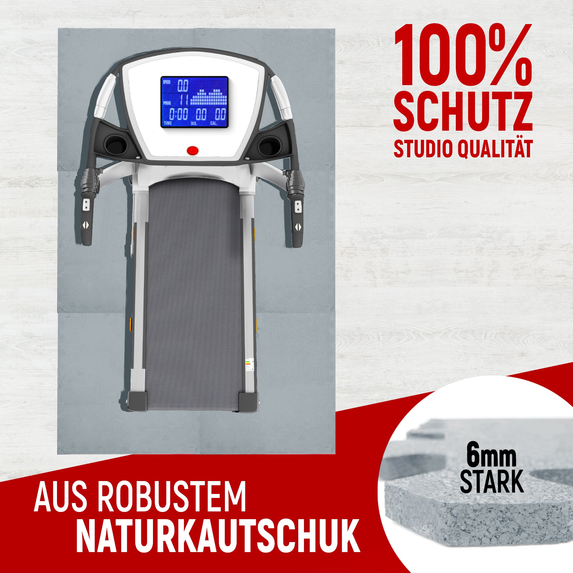 Neolymp Bodenmatten aus robustem Naturkautschuk bieten 100% Schutz in Studioqualität. Die Matten sind 6 mm stark und ideal für den Einsatz unter Fitnessgeräten wie Laufbändern, um den Boden zu schützen und Vibrationen zu dämpfen. Text auf dem Bild: 100% Schutz, Studio Qualität, aus robustem Naturkautschuk, 6 mm stark.