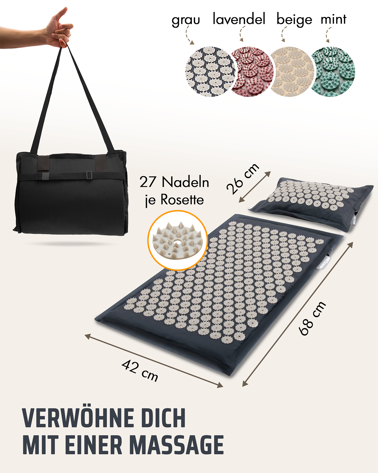 Neolymp Akupressur-Set bestehend aus Matte und Kissen in Grau, mit 27 Nadeln pro Rosette. Maße der Matte: 68 cm x 42 cm, Kissen: 26 cm x 42 cm. Verschiedene Farboptionen: Grau, Lavendel, Beige, Mint. Text: 'Verwöhne dich mit einer Massage'. Inkl. Tragetasche.