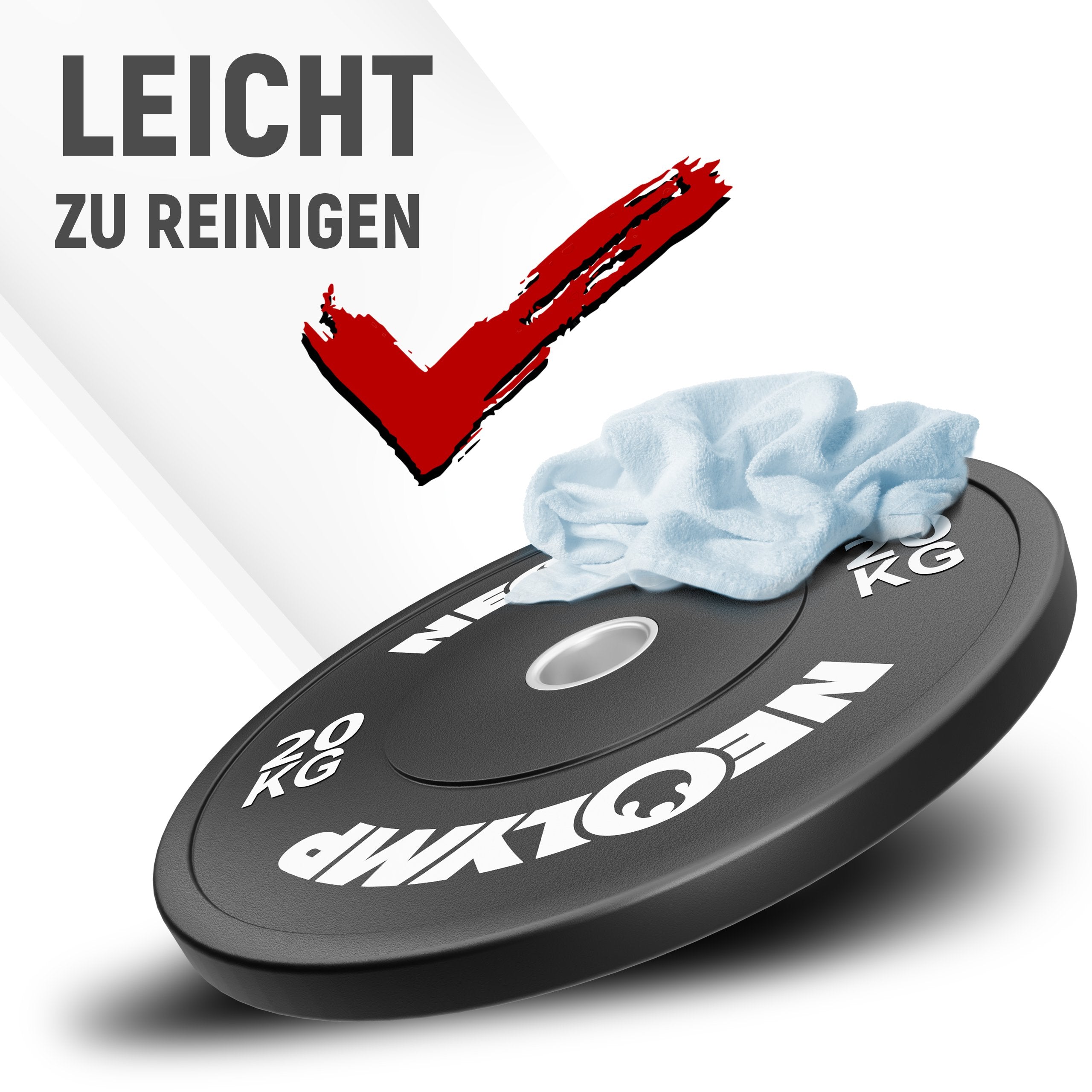 Neolymp 20 kg Gewichtsscheibe, leicht zu reinigen mit einem Tuch, ideal für hygienisches und pflegeleichtes Training.