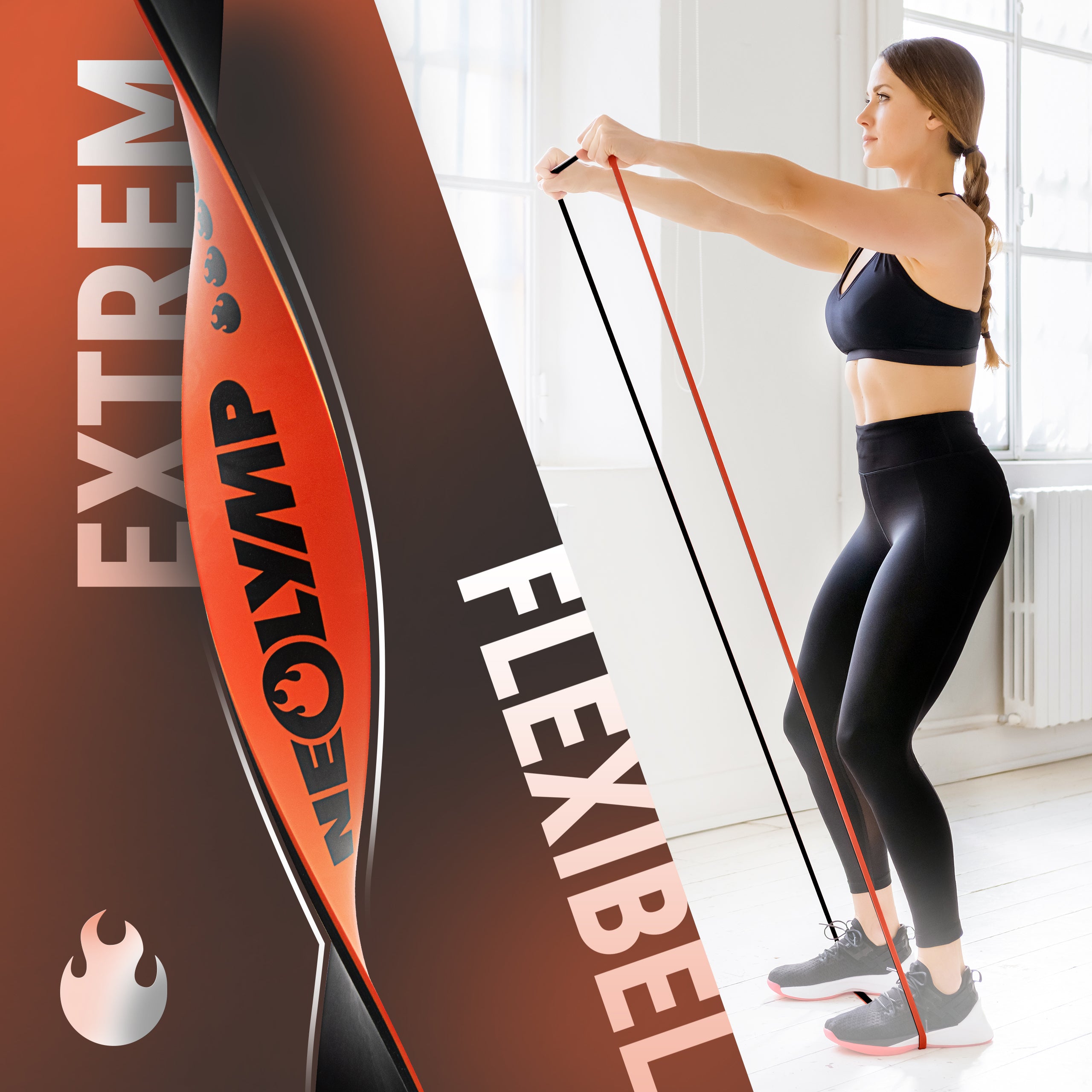 Extrem flexibles Neolymp Fitnessband mit einer Frau, die im Sportoutfit eine Übung mit dem Band ausführt. Text auf dem Bild: Extrem flexibel.