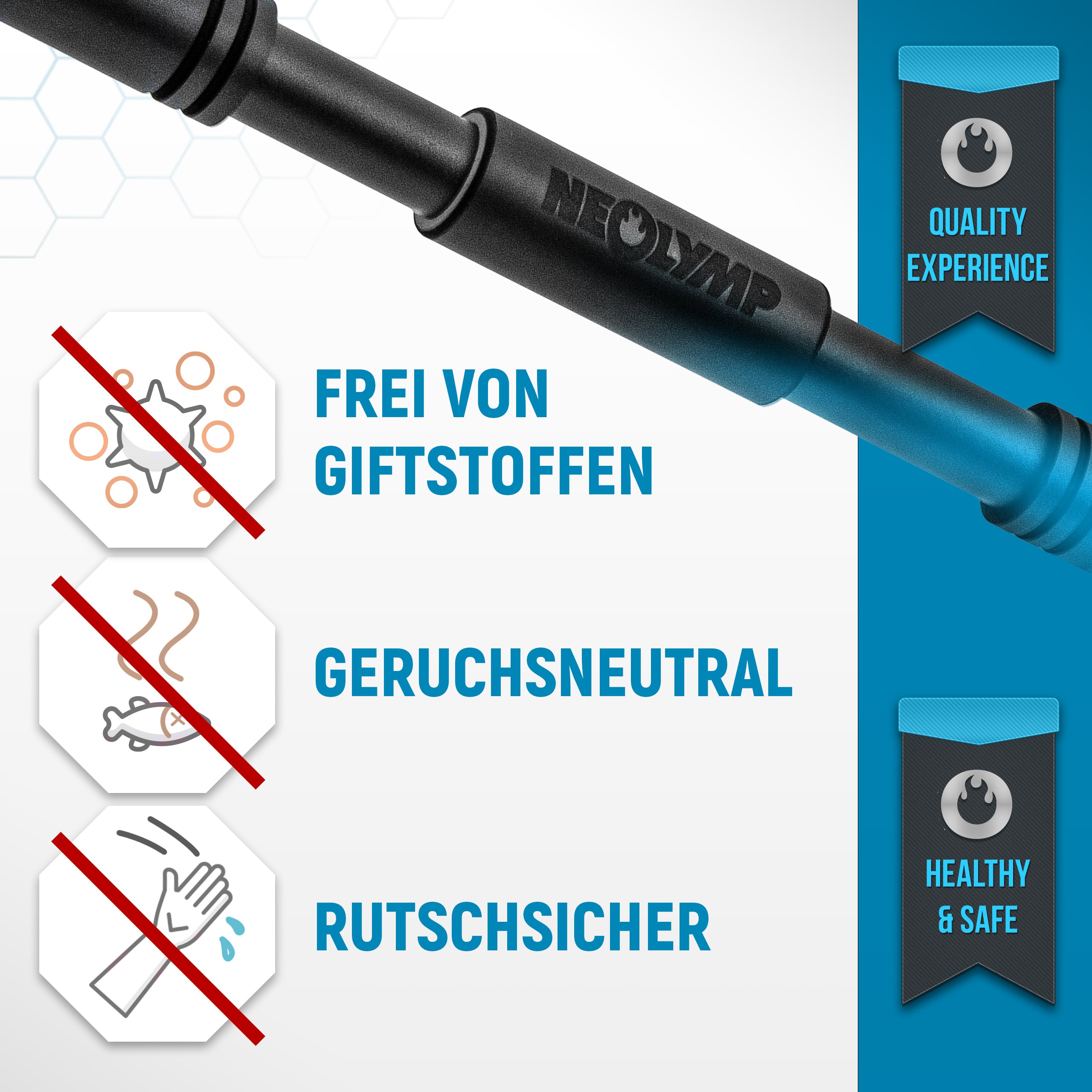 Neolymp Klimmzugstange mit blauen Enden und angenehmen Schaumstoffgriffen. Das Bild hebt hervor, dass die Stange frei von Giftstoffen, geruchsneutral und rutschsicher ist. Auf der rechten Seite sind zwei Banner zu sehen: Quality Experience und Healthy & Safe.