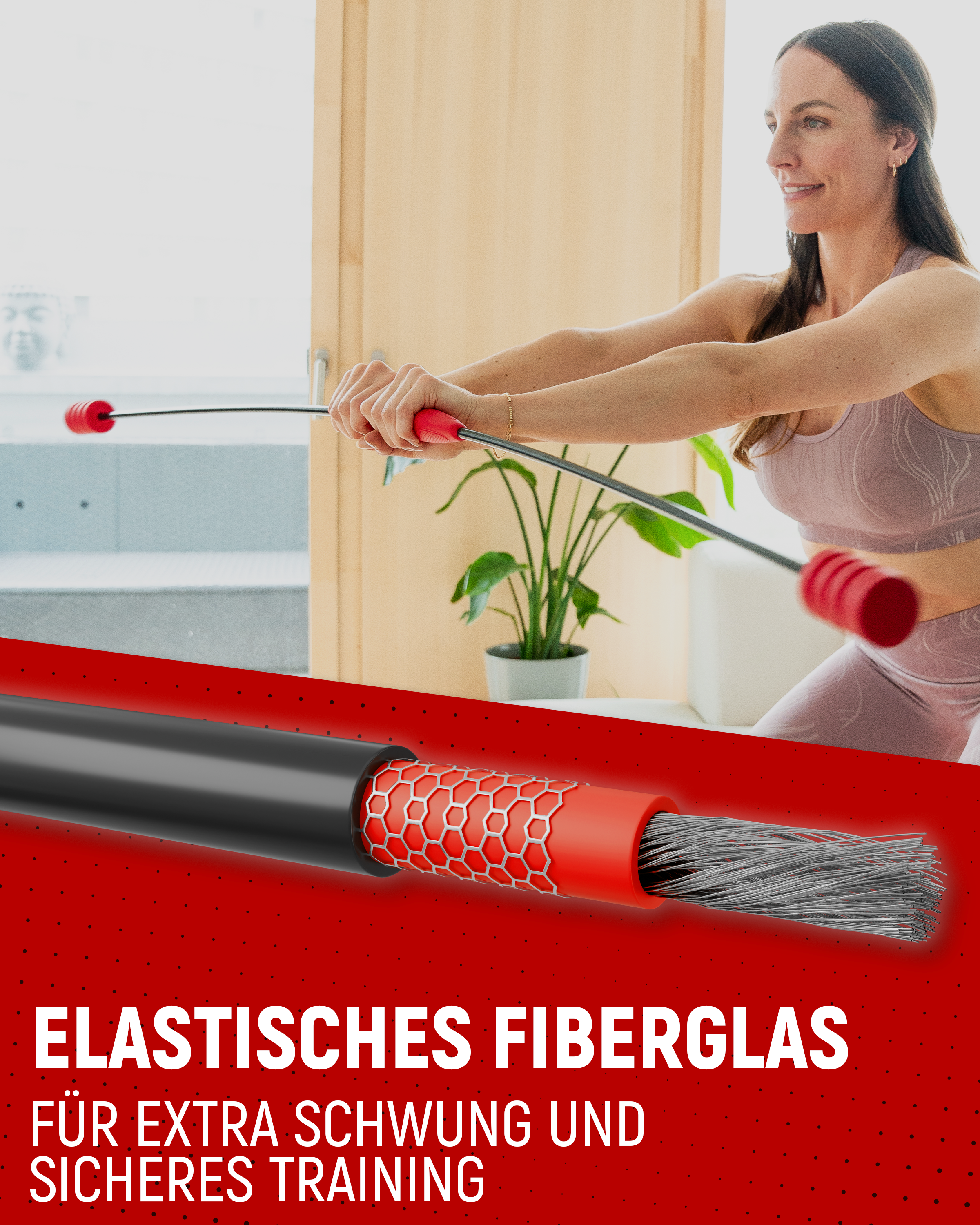 Eine Frau führt eine Übung mit einem elastischen Fiberglas-Gymstick durch, um extra Schwung und sicheres Training zu ermöglichen. Das Bild zeigt eine Nahaufnahme des Gymsticks, die die Struktur des Fiberglasmaterials verdeutlicht. Text auf dem Bild: Elastisches Fiberglas für extra Schwung und sicheres Training.