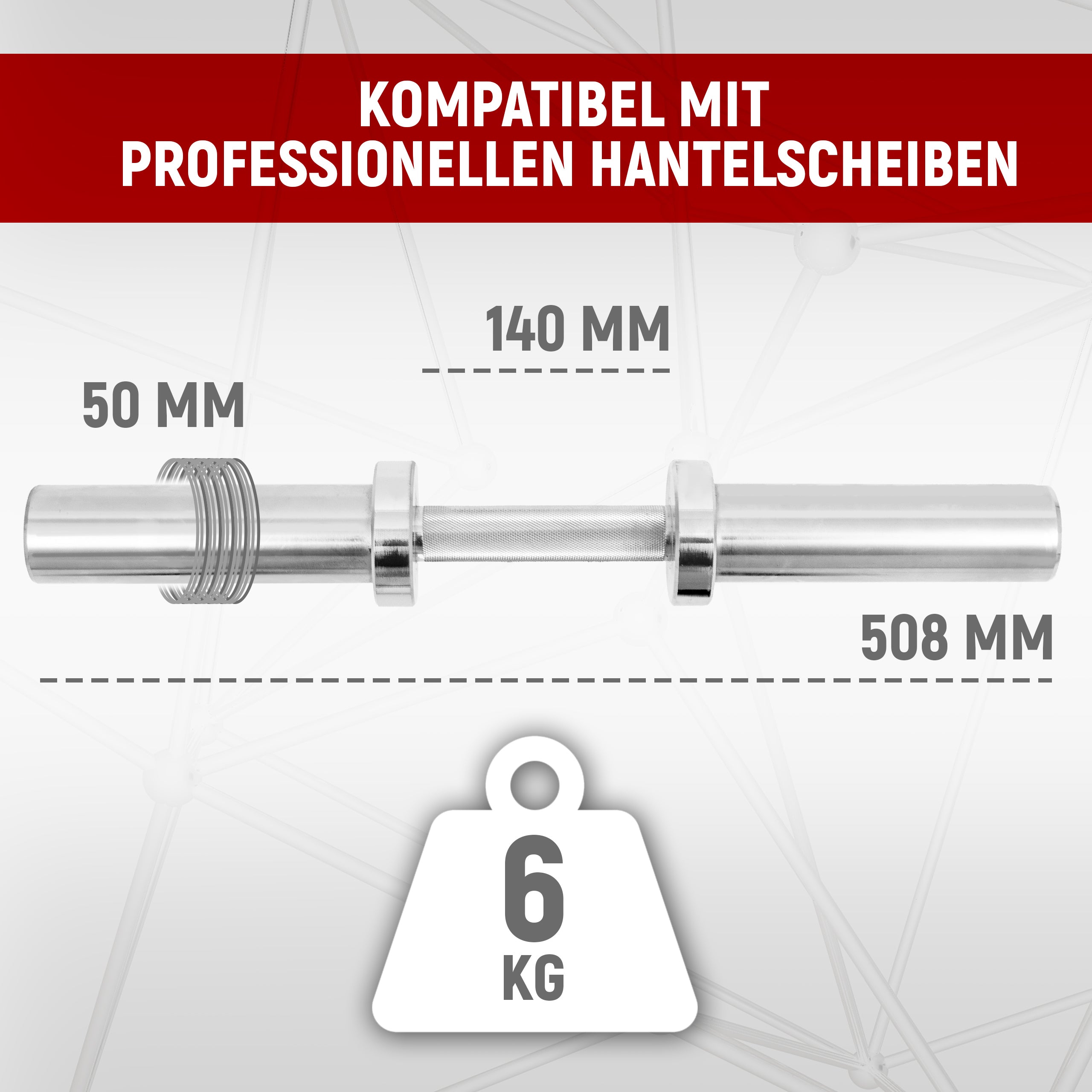 Silberne Neolymp Hantelstange, kompatibel mit professionellen Hantelscheiben. Text zeigt Maße: Länge 508 mm, Griffbereich 140 mm, Durchmesser 50 mm, Gewicht 6 kg.