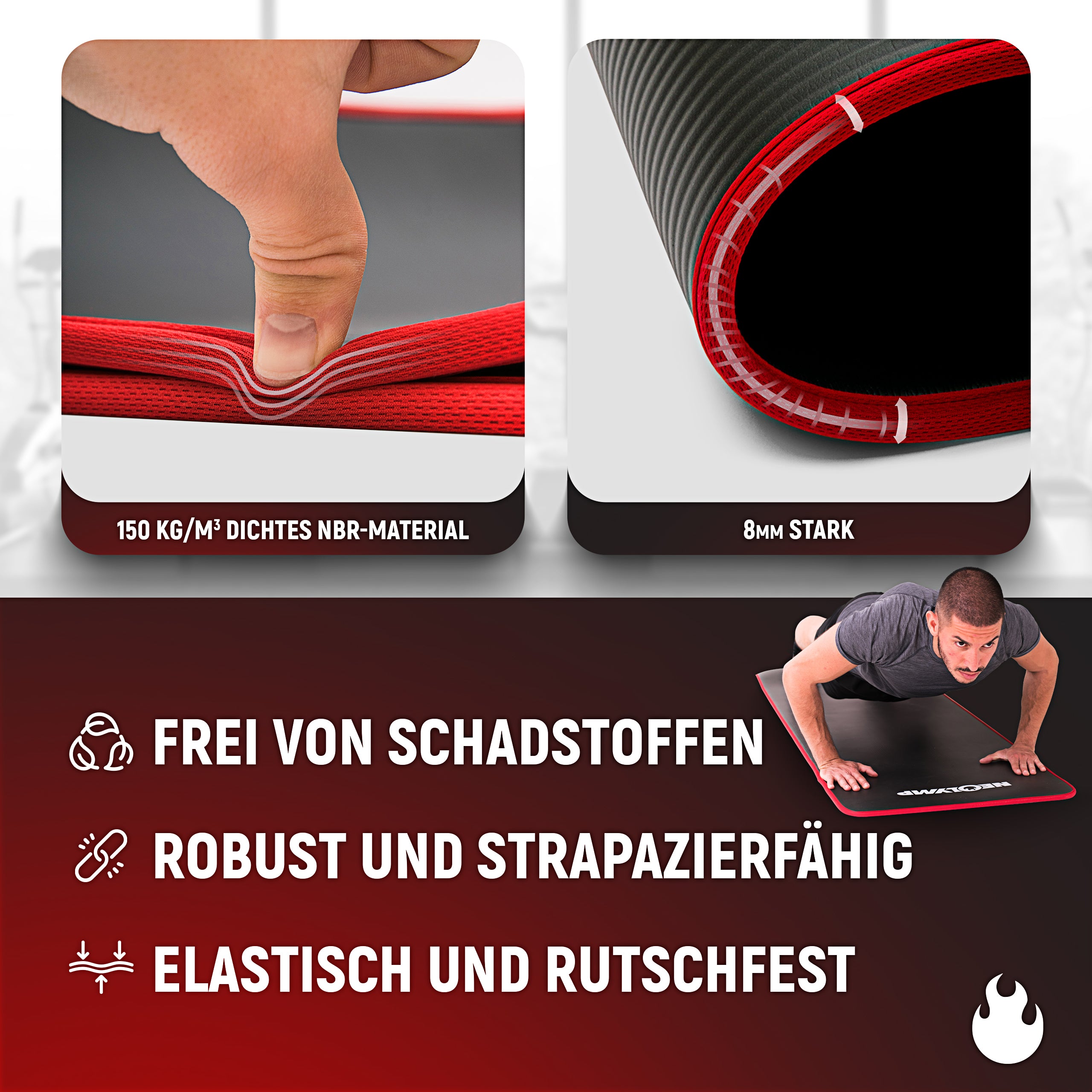 Neolymp Fitnessmatte in Schwarz mit rotem Rand, ausgelegt auf dem Boden, Text beschreibt die Eigenschaften: 'Extra dick für Komfort und Halt, ideal für intensive Workouts'.