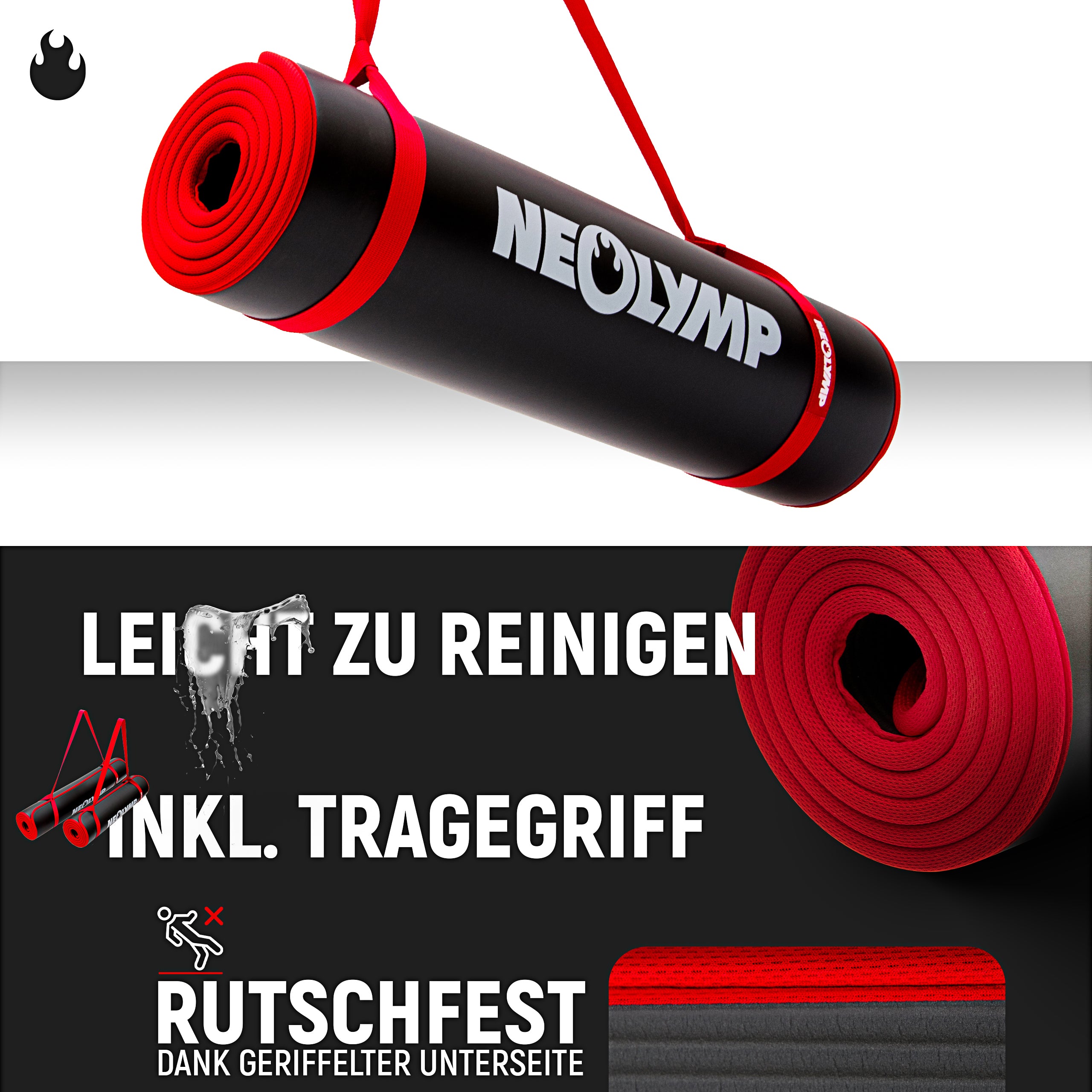 Aufgerollte Neolymp Fitnessmatte mit rotem Tragegriff. Text: 'Leicht zu reinigen, inkl. Tragegriff, rutschfest dank geriffelter Unterseite'.