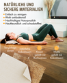 Natürliche und sichere Materialien. Eine Frau liegt auf einer Akupressurmatte mit einem Kissen. Text auf dem Bild: Einfach zu reinigen, wirkt antibakteriell, nachhaltiges Naturprodukt, hautfreundlich und schadstofffrei. Materialien: langlebige Leinen, natürliche Kokosfasern, Kissen gefüllt mit Buchweizen, Matte gefüllt mit Kokosfasern. Im Hintergrund ist ein modern eingerichteter Raum mit Holzboden und dekorativen Pflanzen zu sehen.