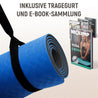 Gerollte blaue Yogamatte mit schwarzem Tragegurt, daneben eine Sammlung von NEOLYMP E-Books, darunter eines speziell für Yoga. Darüber steht der Text "INKLUSIVE TRAGEGURT UND E-BOOK-SAMMLUNG".