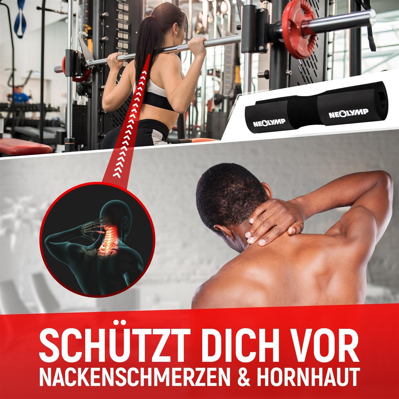 Schützt dich vor Nackenschmerzen und Hornhaut. Frau trainiert im Fitnessstudio mit Nackenpolster, das das Gewicht gleichmäßig verteilt. Anatomische Grafik zeigt die Schonung des Nackens. Mann massiert seinen schmerzenden Nacken.