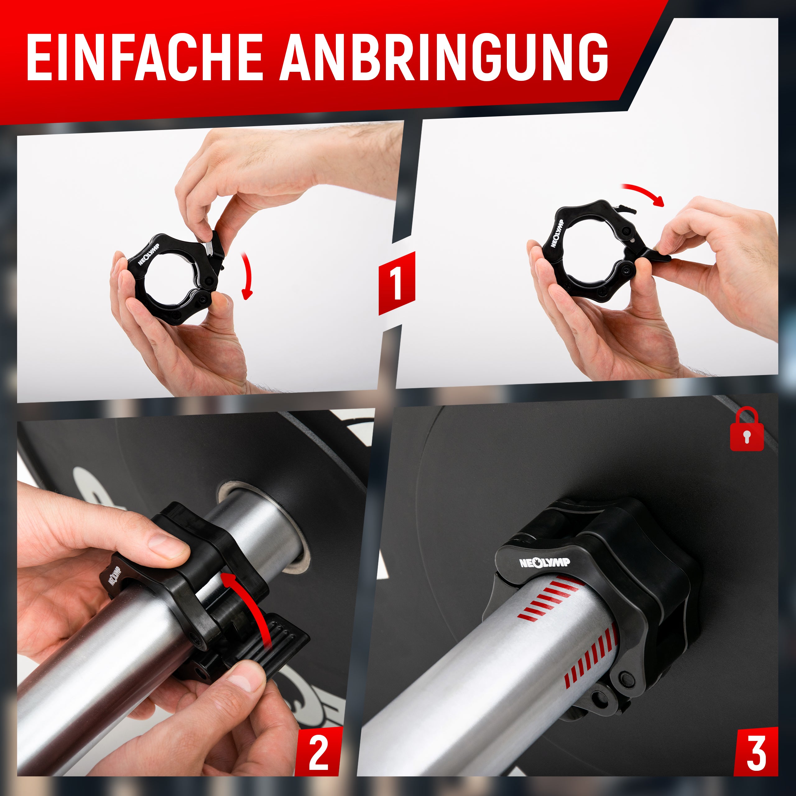 Einfache Anbringung eines Gewichtverschlusses in drei Schritten: 1. Öffnen des Verschlusses durch Drehen. 2. Platzieren des Verschlusses auf einer Hantelstange. 3. Verriegeln des Verschlusses durch Drehen, um sicheren Halt zu gewährleisten. Text: "Einfache Anbringung."