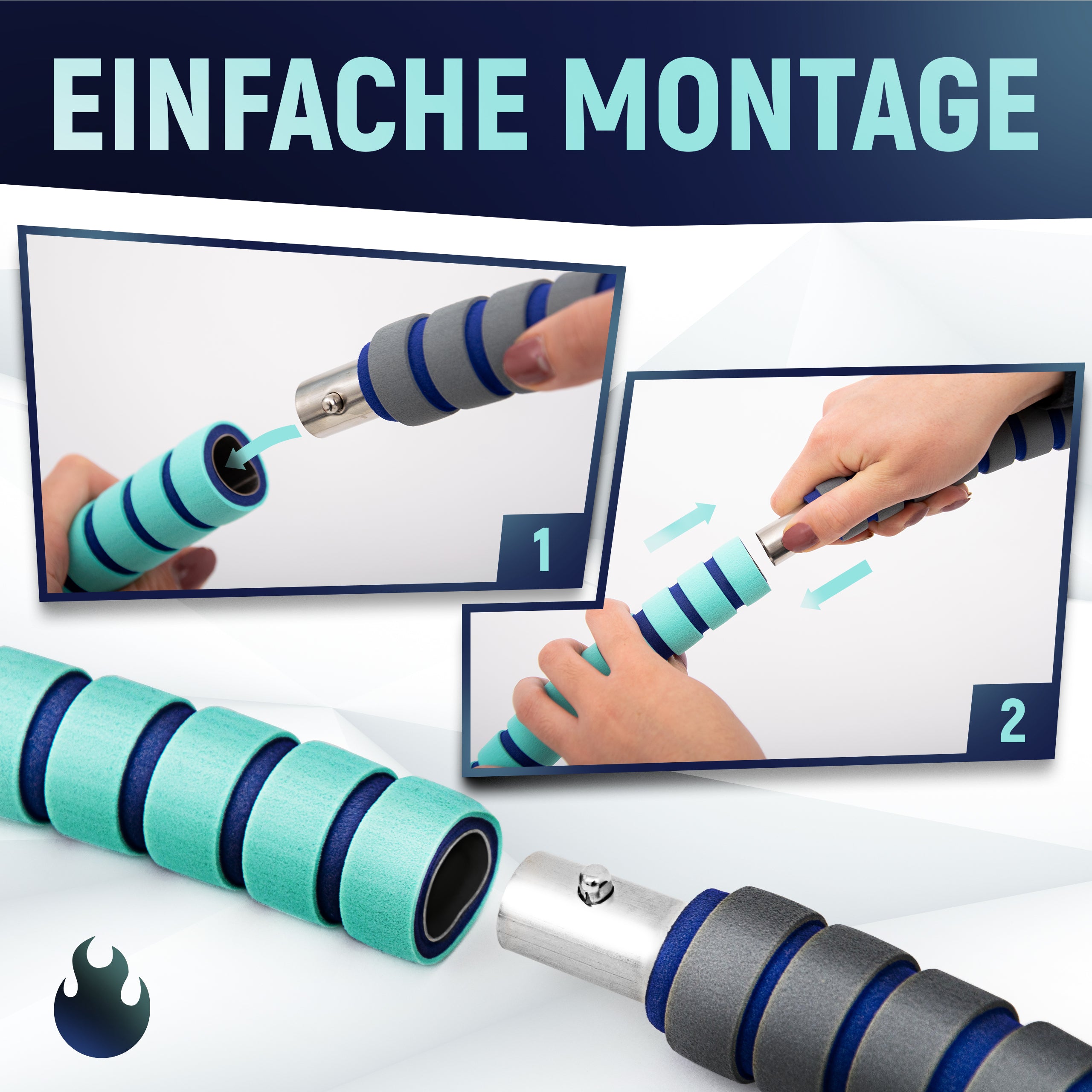 Schritte zur einfachen Montage eines blau-grün gestreiften Fitnessgeräts. Bild 1 zeigt das Einfügen eines Metallstifts, Bild 2 zeigt das Verbinden der Teile durch Drehen. Text: 'Einfache Montage.'