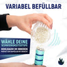 Hand füllt Reis in ein variabel befüllbares Fitnessgerät. Text: 'Variabel befüllbar - Wähle deine Schwierigkeitsstufe. Hohlraum im Inneren, perfekt zum Auffüllen mit Gewicht.'