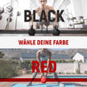 Zwei Bilder zeigen Personen, die mit Neolymp Kettlebells trainieren. Oben: Mann mit schwarzen Kettlebells im Fitnessstudio. Unten: Frau mit roter Kettlebell draußen. Text: 'Wähle deine Farbe: Black, Red'.