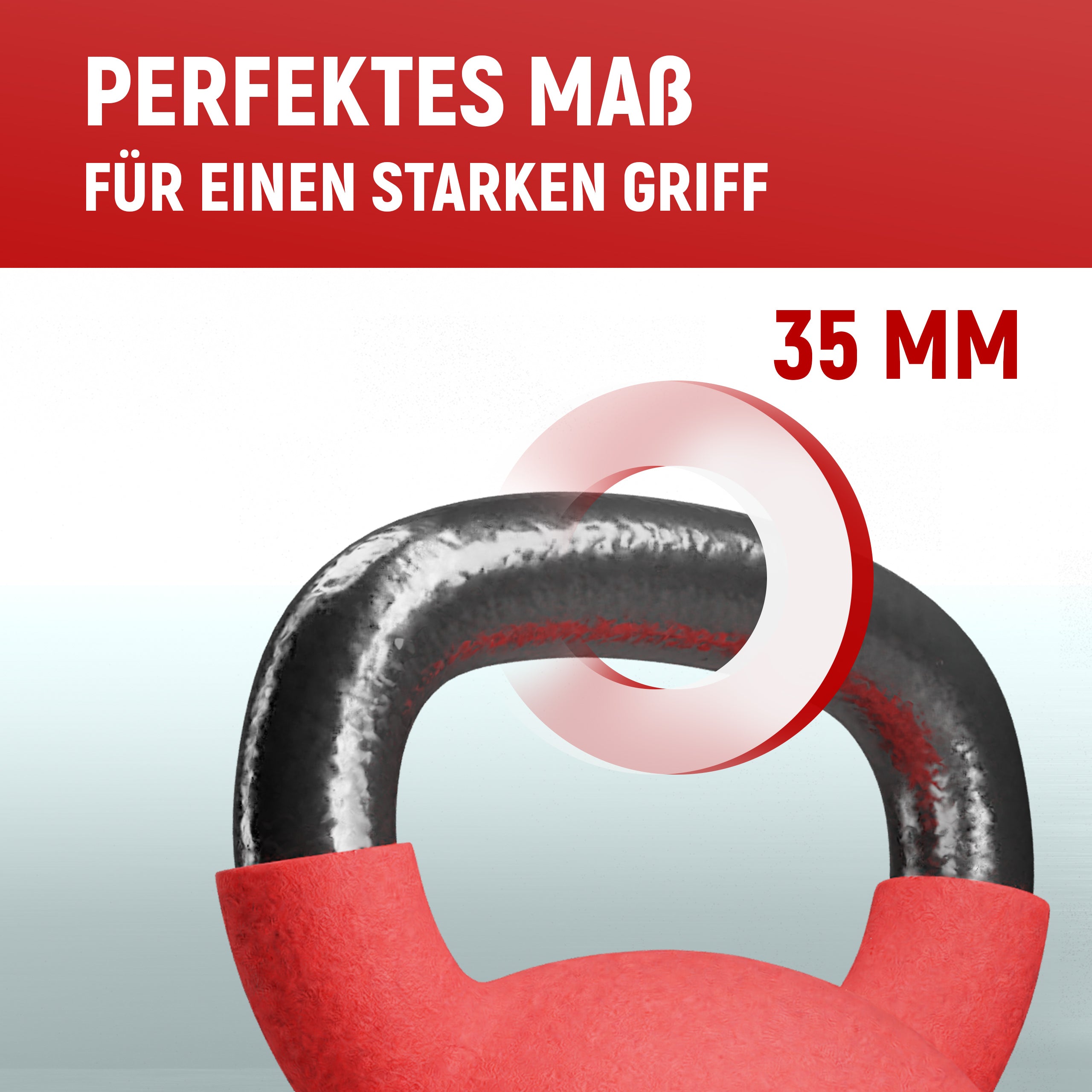 Detailansicht des Griffs einer roten Neolymp Kettlebell. Text: 'Perfektes Maß für einen starken Griff, 35 mm'.