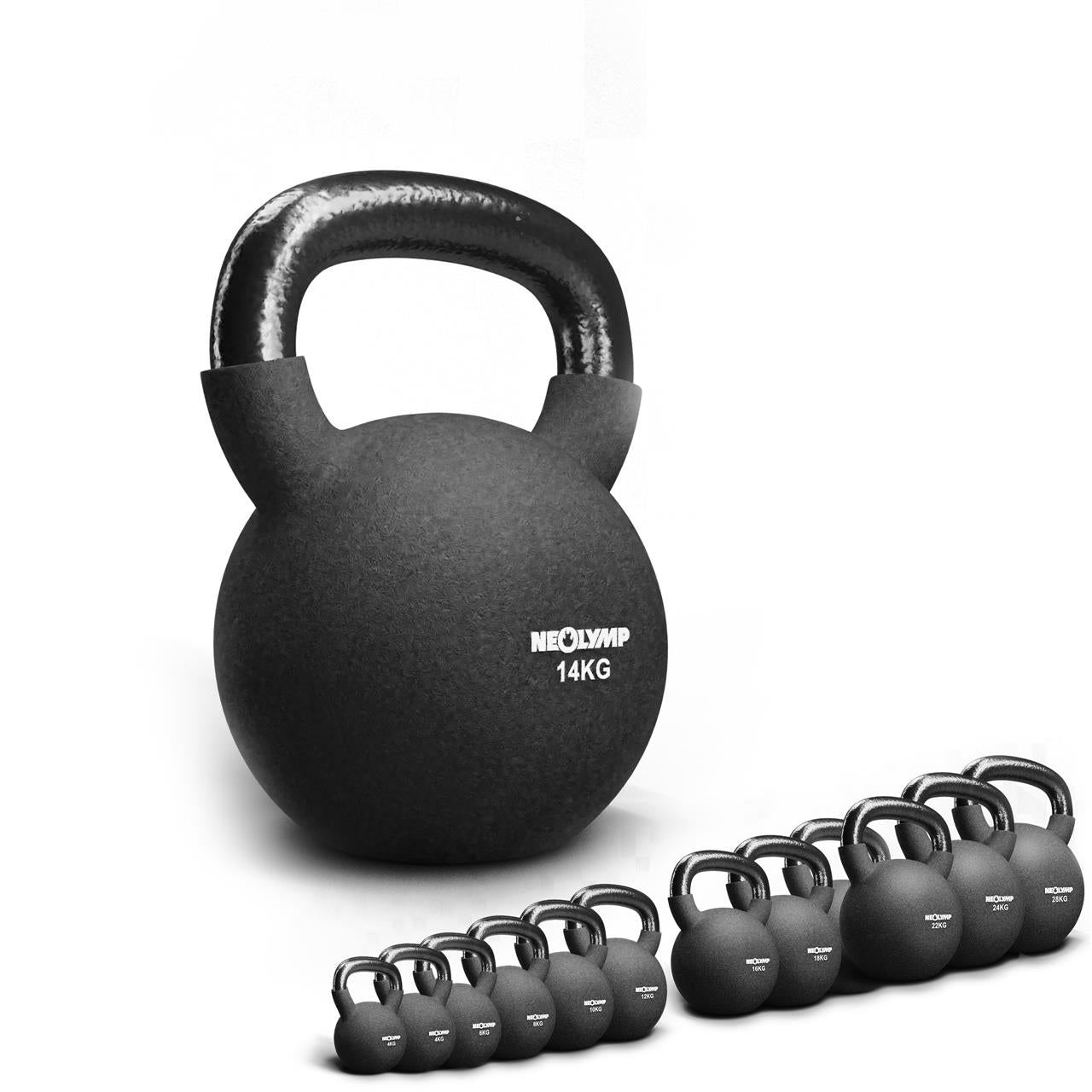 Schwarze Neolymp Kettlebell mit einem Gewicht von 14 kg im Vordergrund, im Hintergrund eine Reihe von Kettlebells in verschiedenen Größen.