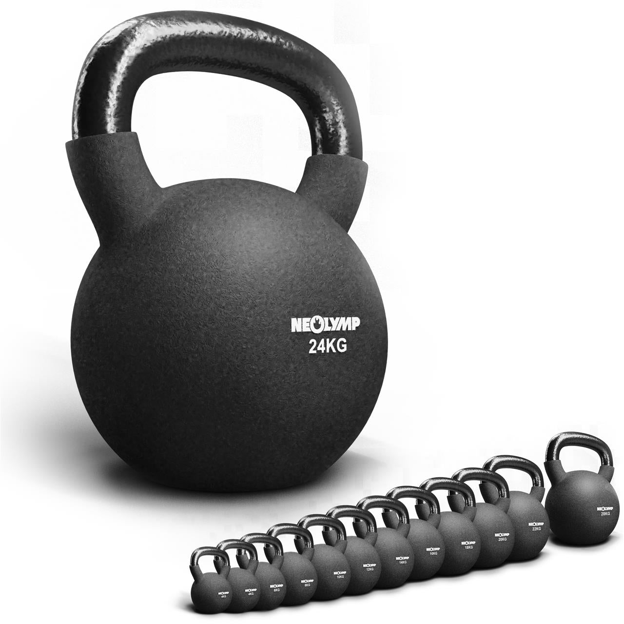 Neolymp Kettlebell Set mit verschiedenen Gewichten, Vordergrund 24 kg Kettlebell, im Hintergrund eine Reihe weiterer Kettlebells in verschiedenen Größen.