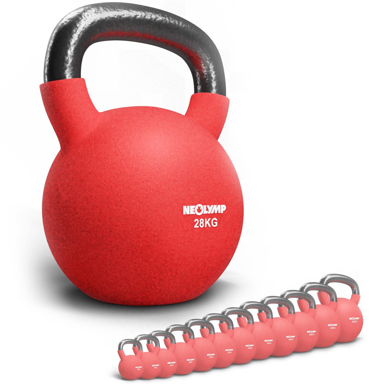 Neolymp Kettlebell Set in verschiedenen Gewichten, Vordergrund 28 kg Kettlebell in Rot, im Hintergrund eine Reihe weiterer Kettlebells in verschiedenen Größen.