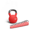 Neolymp Kettlebell Set in verschiedenen Gewichten, Vordergrund 2 kg Kettlebell in Rot, im Hintergrund eine Reihe weiterer Kettlebells in verschiedenen Größen.