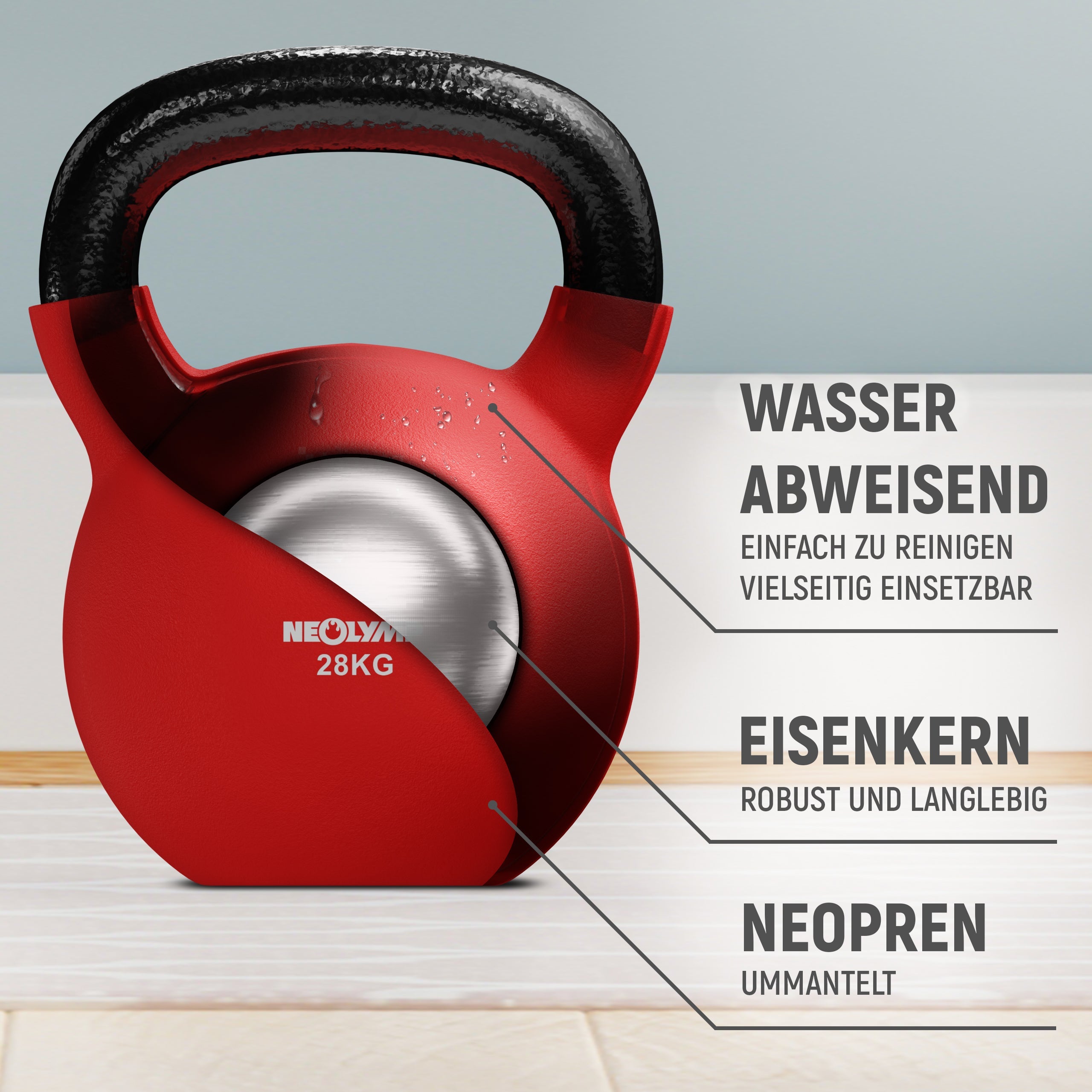 Neolymp Kettlebell mit einem Gewicht von 28 kg, zeigt die inneren Komponenten: Eisenkern, wasserabweisende Neoprenbeschichtung. Text: 'Wasserabweisend, einfach zu reinigen, vielseitig einsetzbar, Eisenkern, robust und langlebig, Neopren ummantelt'.