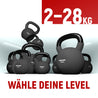 Neolymp Kettlebell Set in verschiedenen Größen von 2 kg bis 28 kg. Text: 'Wähle deine Level: 2-28 kg'.