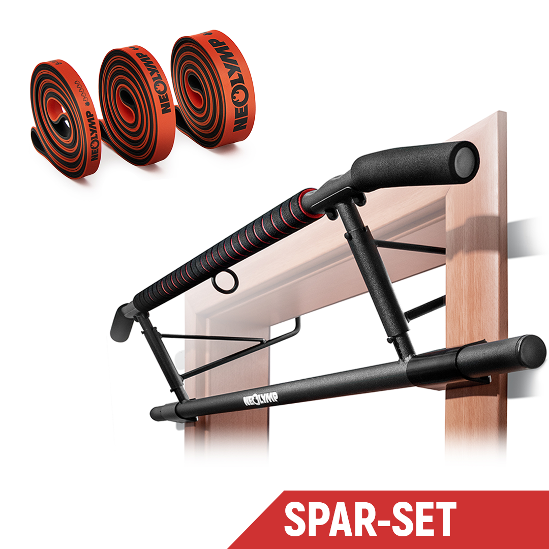 Neolymp Spar-Set bestehend aus einer Klimmzugstange für den Türrahmen und drei orangenen Fitnessbändern mit verschiedenen Widerstandsstufen. Das Set ist ideal für vielseitige Trainingsmöglichkeiten zu Hause und bietet eine kompakte und praktische Lösung für effektive Workouts. Text auf dem Bild: Spar-Set.