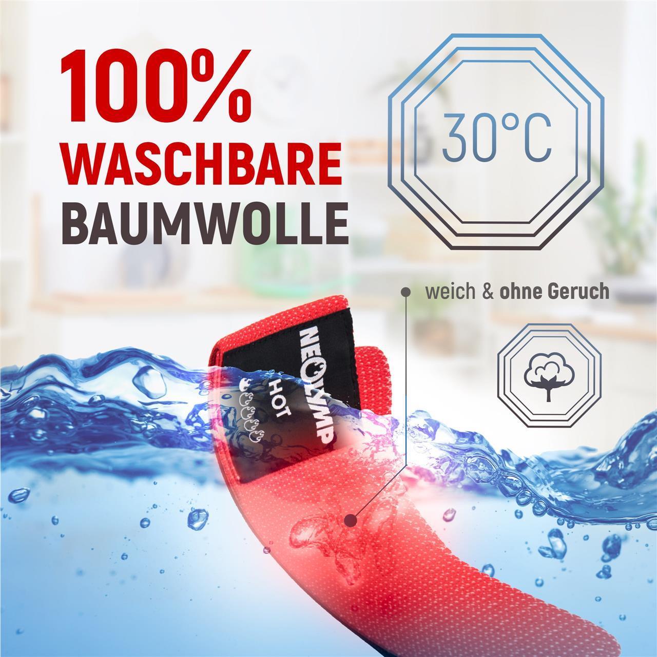 100% waschbare Baumwolle, die bei 30°C gewaschen werden kann, dargestellt durch ein Neolymp Handgelenkband, das teilweise in Wasser eingetaucht ist. Der Text hebt die Weichheit und Geruchsfreiheit des Materials hervor. Weitere Symbole zeigen die Waschtemperatur und das Material (Baumwolle) an.