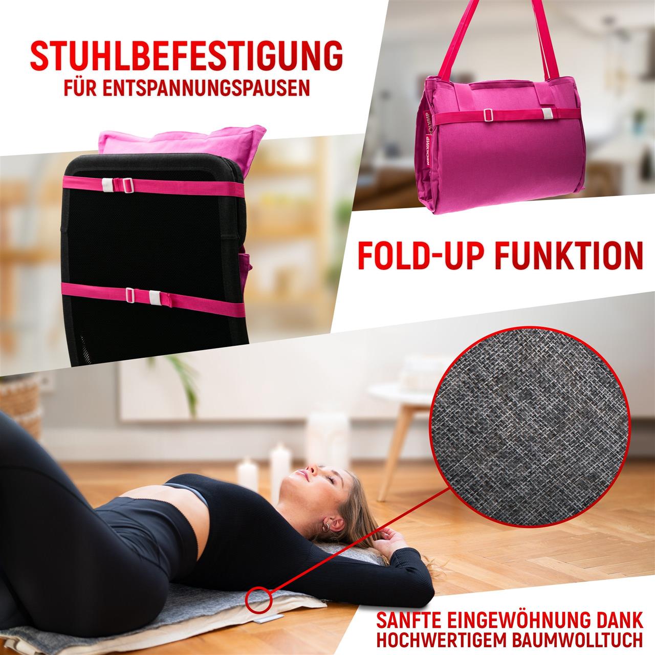 Neolymp Akupressur-Set mit Stuhlbefestigung für Entspannungspausen, Fold-Up Funktion für einfachen Transport und sanfte Eingewöhnung dank hochwertigem Baumwolltuch.