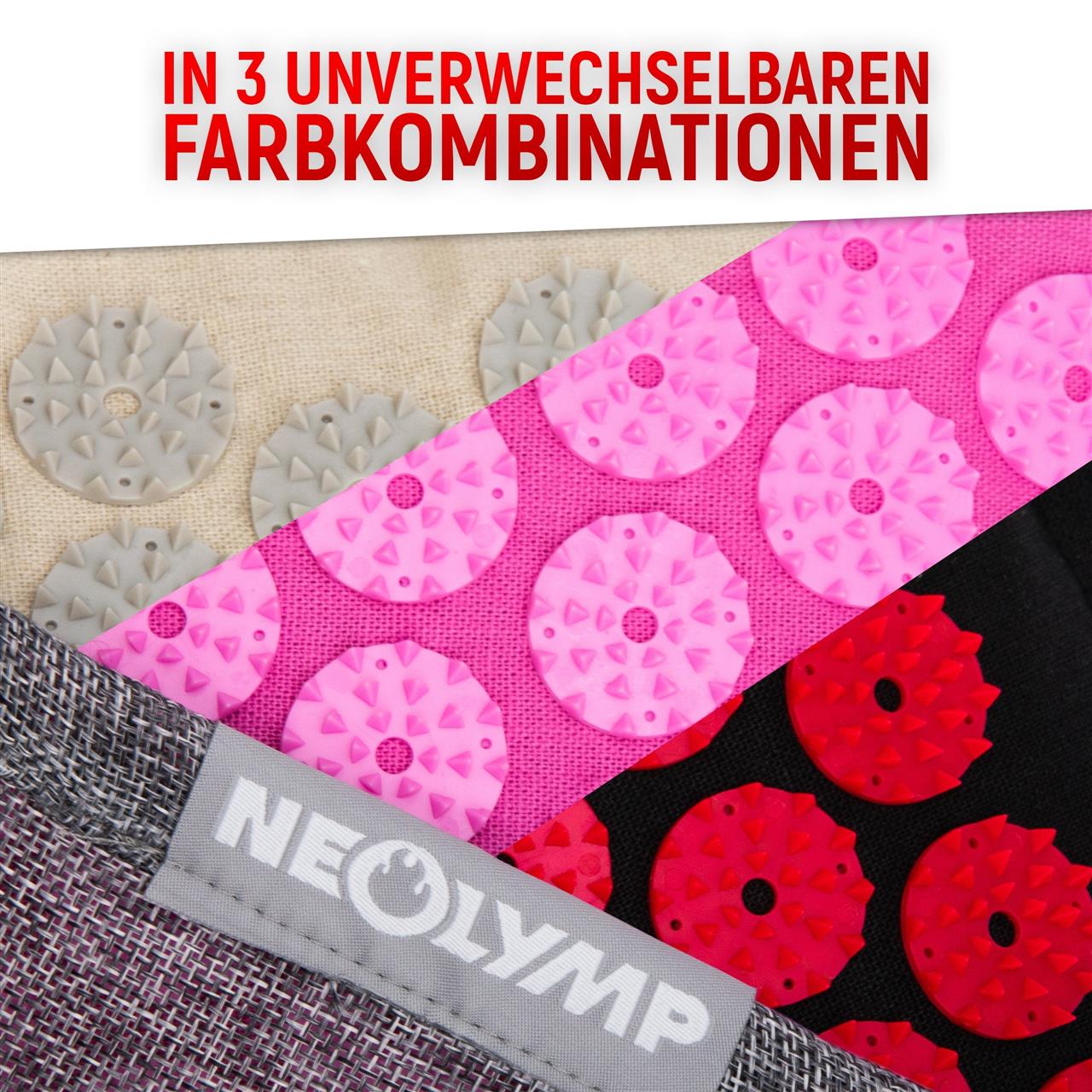 Neolymp Akupressurmatten und -kissen in drei unverwechselbaren Farbkombinationen: Beige mit grauen Spitzen, Pink mit hellrosa Spitzen, und Schwarz mit roten Spitzen.