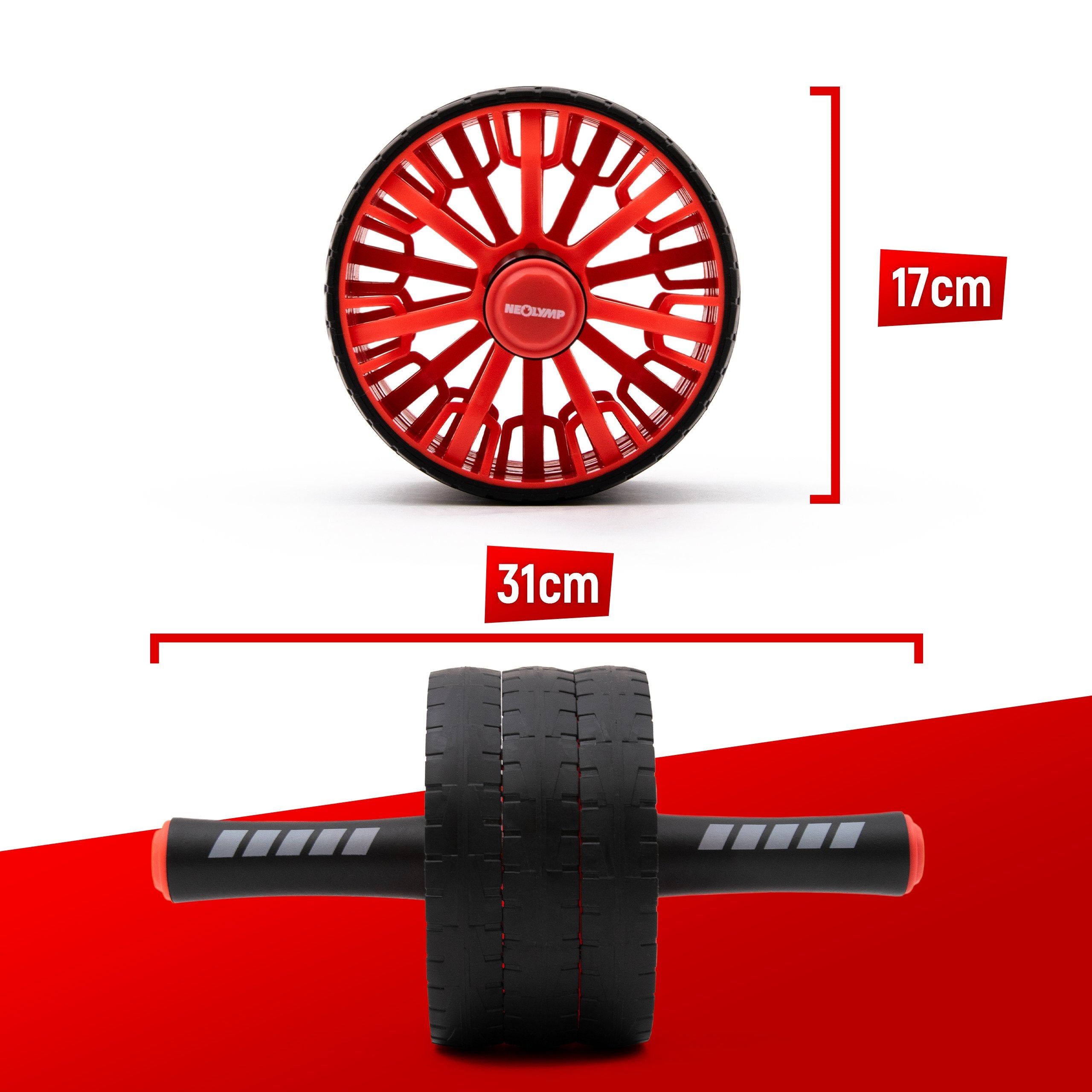 Roter Bauchroller mit einem Rad-Durchmesser von 17 cm und einer Gesamtbreite von 31 cm, inklusive schwarzer, gepolsterter Griffe.