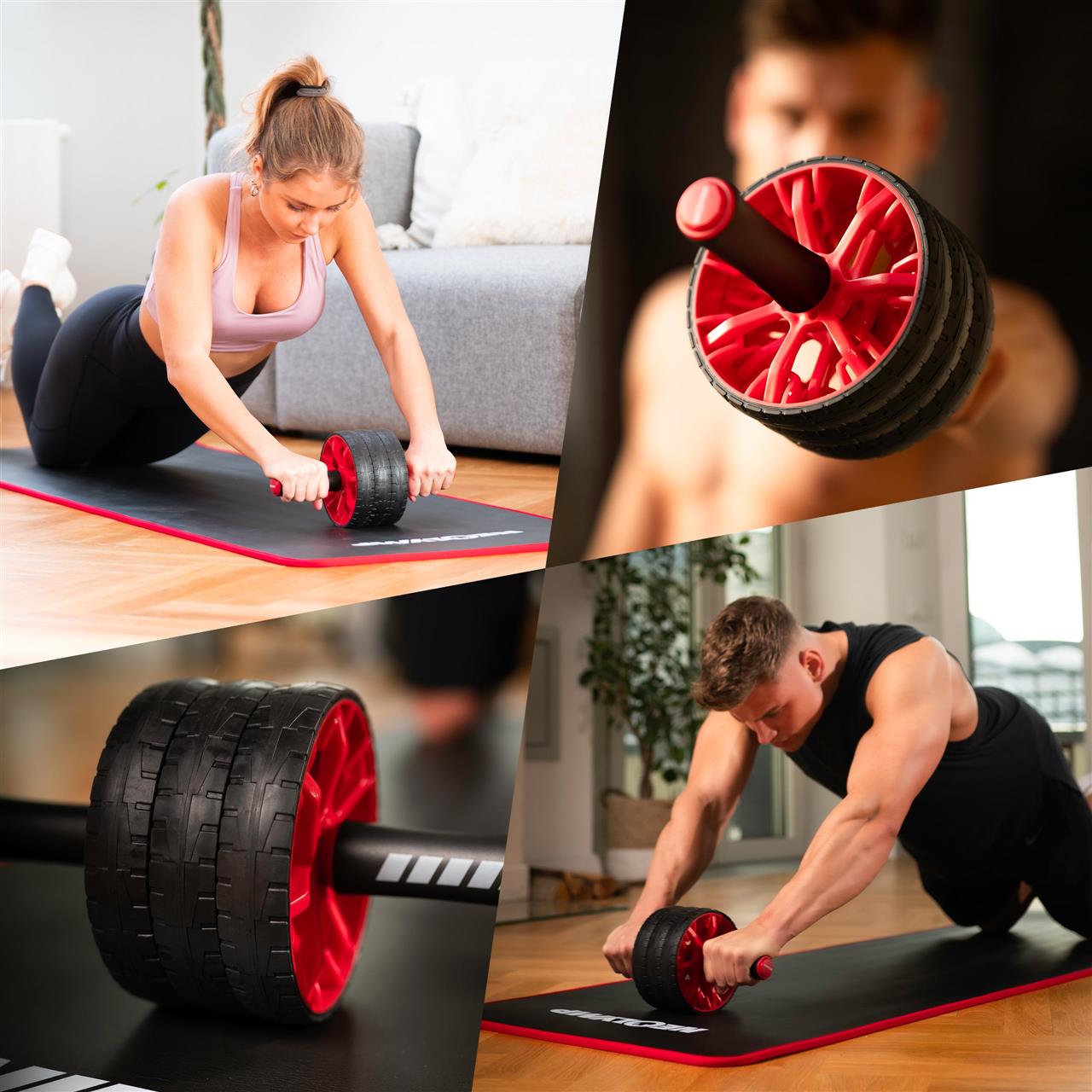 Collage von vier Bildern, die eine Frau und einen Mann beim Training mit einem Ab-Roller zeigen. Die Bilder heben die Anwendung des Ab-Rollers auf einer Neolymp-Sportmatte hervor. In einem Bild ist eine Nahaufnahme des Ab-Rollers mit roten und schwarzen Akzenten zu sehen, der auf einer Matte liegt. Die anderen Bilder zeigen die korrekte Nutzung des Rollers während des Trainings, wobei sowohl die Frau als auch der Mann ihre Bauchmuskeln trainieren.