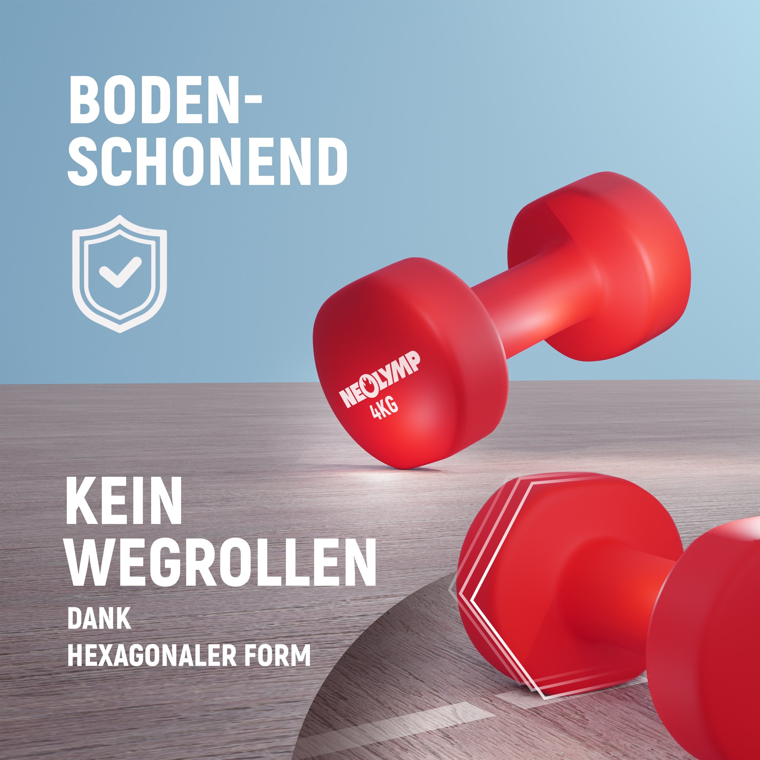 Bodenschonend, kein Wegrollen dank hexagonaler Form. Zwei rote Neolymp-Hanteln mit einem Gewicht von 4 kg auf einem Holzfußboden.