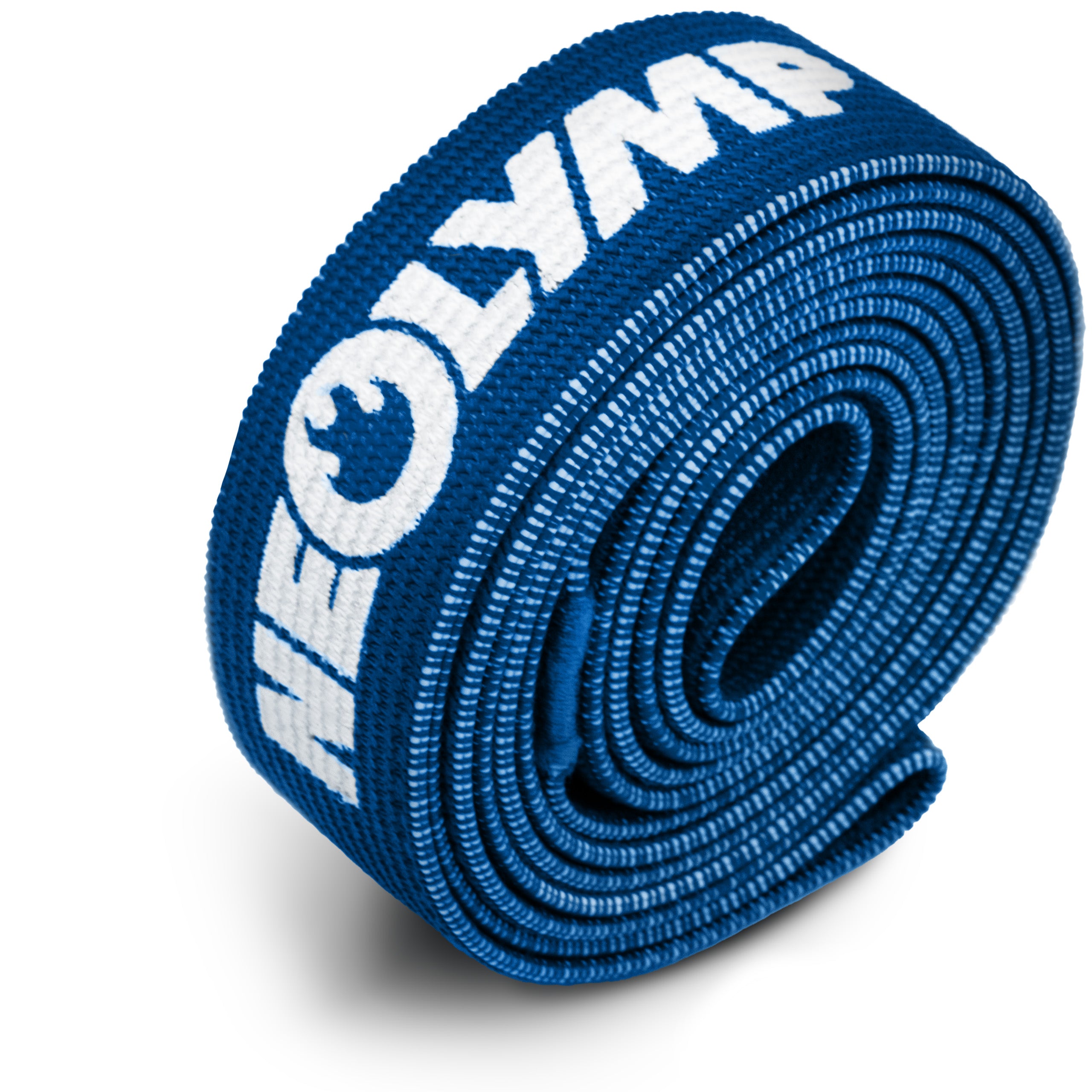 Ein zusammengerolltes, blaues Fitnessband von Neolymp mit weißem Logoaufdruck, ideal für Widerstandsübungen und Krafttraining.