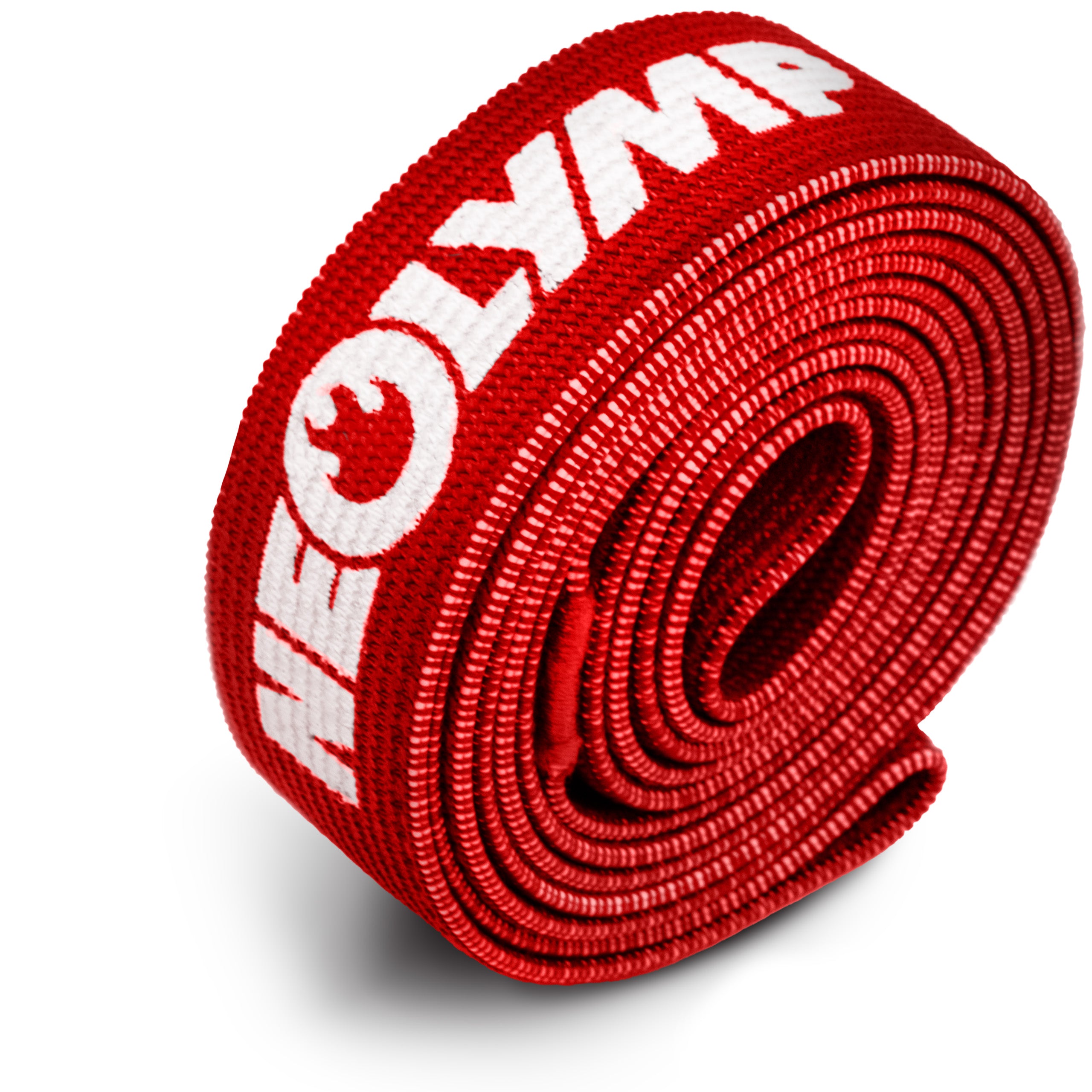 Ein rotes Neolymp Widerstandsband mit weißem Logo, aufgerollt und bereit für den Einsatz. Ideal für verschiedene Fitnessübungen zur Stärkung der Muskulatur und Verbesserung der Flexibilität. Das Band bietet eine robuste und langlebige Option für intensives Training.