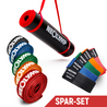 Neolymp Spar-Set bestehend aus einer schwarzen Fitnessmatte mit roten Bändern, fünf verschiedenen Fitnessbändern in den Farben Schwarz, Blau, Grün, Orange und Rot sowie fünf Kurzhantelbändern in unterschiedlichen Farben und Widerstandsstufen. Das Set ist ideal für ein umfassendes Heimtraining und bietet vielseitige Übungsmöglichkeiten. Text auf dem Bild: Spar-Set.