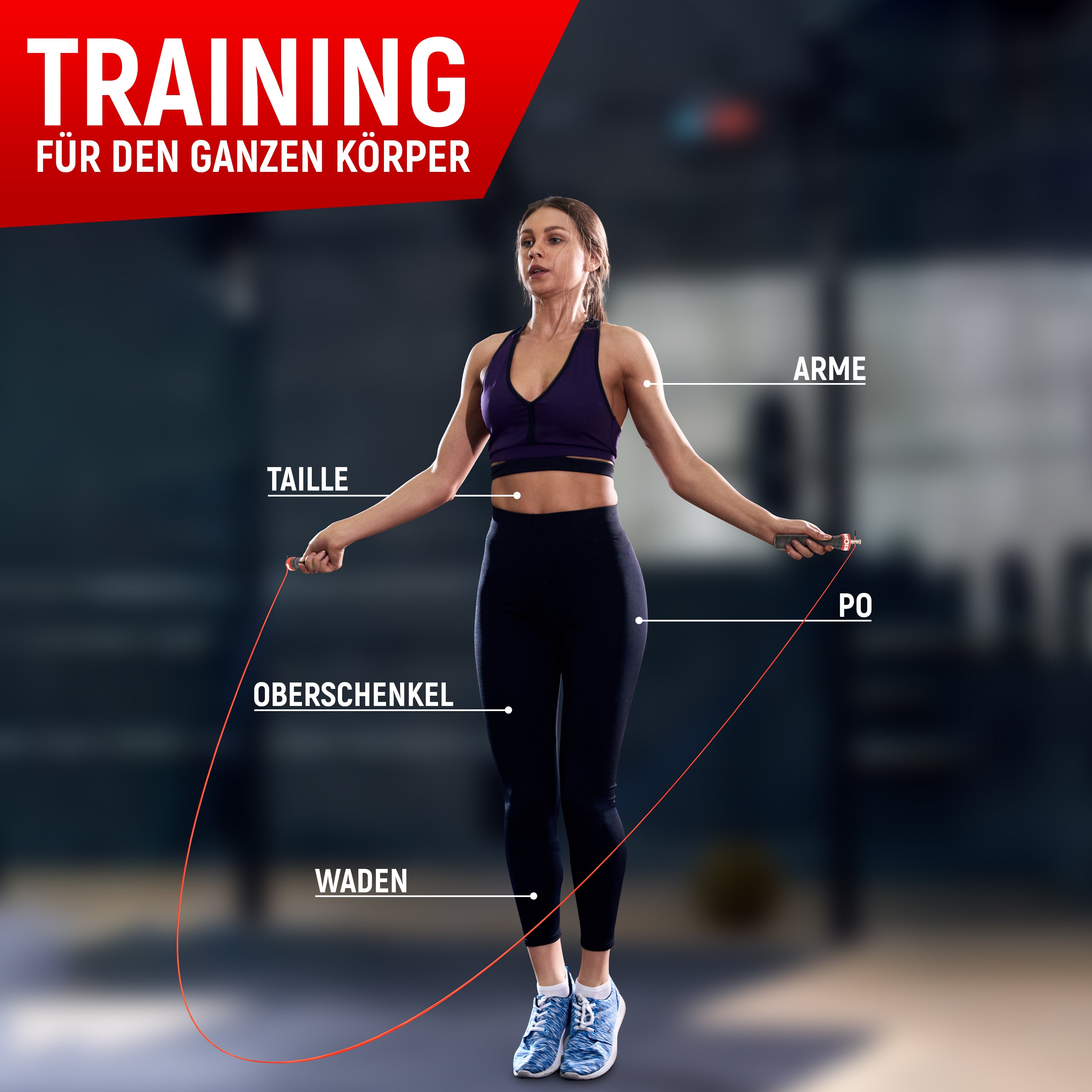 Training für den ganzen Körper: Eine Frau springt mit einem Springseil und trainiert verschiedene Körperteile, darunter Arme, Taille, Oberschenkel, Waden und Po. Sie trägt einen lila Sport-BH, schwarze Leggings und blaue Sportschuhe. Der Text auf dem Bild hebt die Effektivität des Trainings für den gesamten Körper hervor.