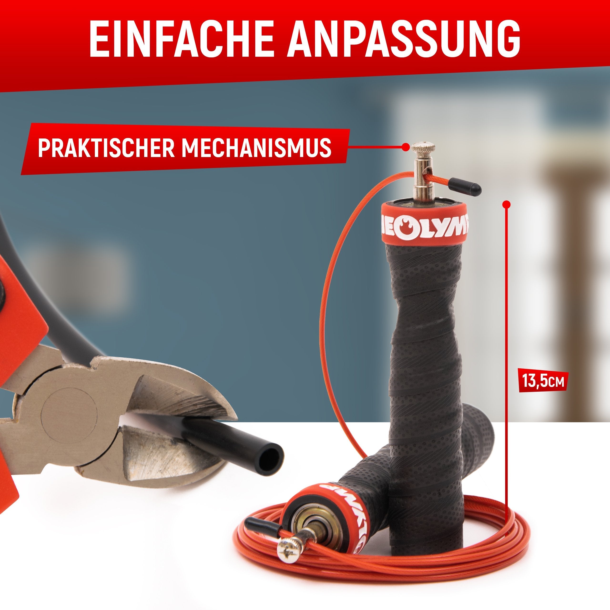 Einfache Anpassung mit praktischem Mechanismus. Schwarz-roter Springseilgriff von Neolymp mit einer Länge von 13,5 cm und einer Zange zum Anpassen der Seillänge.