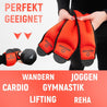 Person hält zwei rote Neolymp Handgelenkgewichte. Text: 'Perfekt geeignet für Wandern, Joggen, Cardio, Gymnastik, Lifting, Reha'.