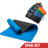 Spar-Set: Eine blaue Neolymp-Yogamatte zusammen mit einem Set farbiger Fitnessbänder in verschiedenen Widerstandsstufen. Die Yogamatte bietet eine rutschfeste Oberfläche und Komfort für verschiedene Yoga- und Fitnessübungen. Die Fitnessbänder eignen sich ideal für Kraft- und Widerstandstraining. Text auf dem Bild: Spar-Set.