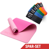 Spar-Set: Eine pinke Neolymp-Yogamatte zusammen mit einem Set farbiger Fitnessbänder in verschiedenen Widerstandsstufen. Die Yogamatte bietet eine rutschfeste Oberfläche und Komfort für verschiedene Yoga- und Fitnessübungen. Die Fitnessbänder eignen sich ideal für Kraft- und Widerstandstraining. Text auf dem Bild: Spar-Set.